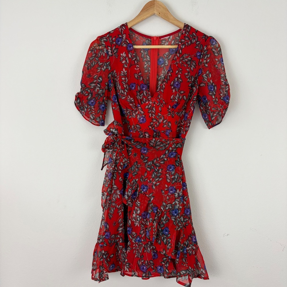 Red Floral Sheer Flowy Chiffon V-Neck Ruffle Mini Dress Wrap Tie Waist Smal